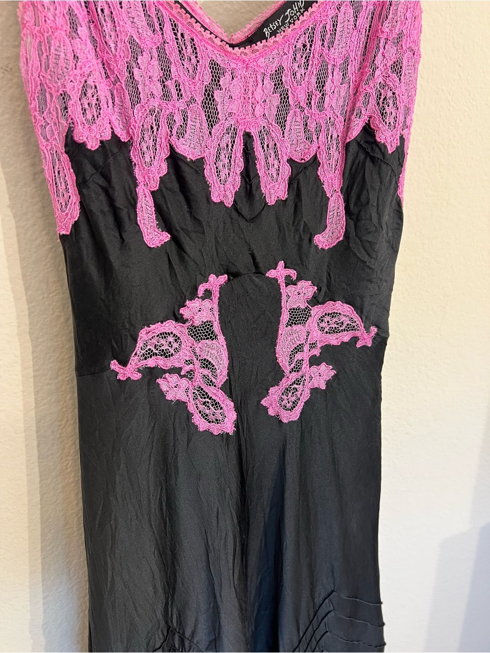 Vintage Betsey Johnson silk satin bias cut black pink lace midi dress coquette - Picture 6 of 14